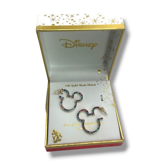 NEW Disney Multi Color Crystal Mickey Mouse Earrings 14K Gold Plated Pink Blue - Picture 7 of 14